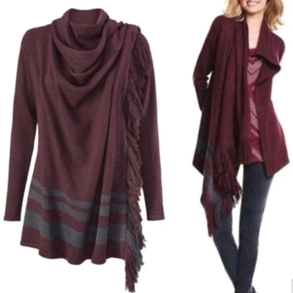 CABI Porte Fringe gray/burgundy/wine sweater shawl wrap top Sz S Small